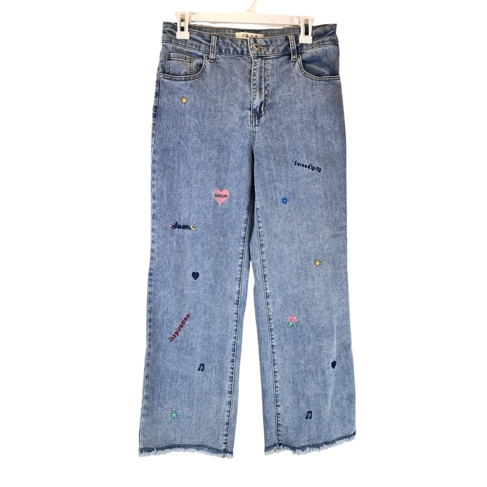 CHARLIE B Wide Leg Jeans Denim Whimsical Embroidered Icons Raw Hem Sz 8 - Picture 3 of 12